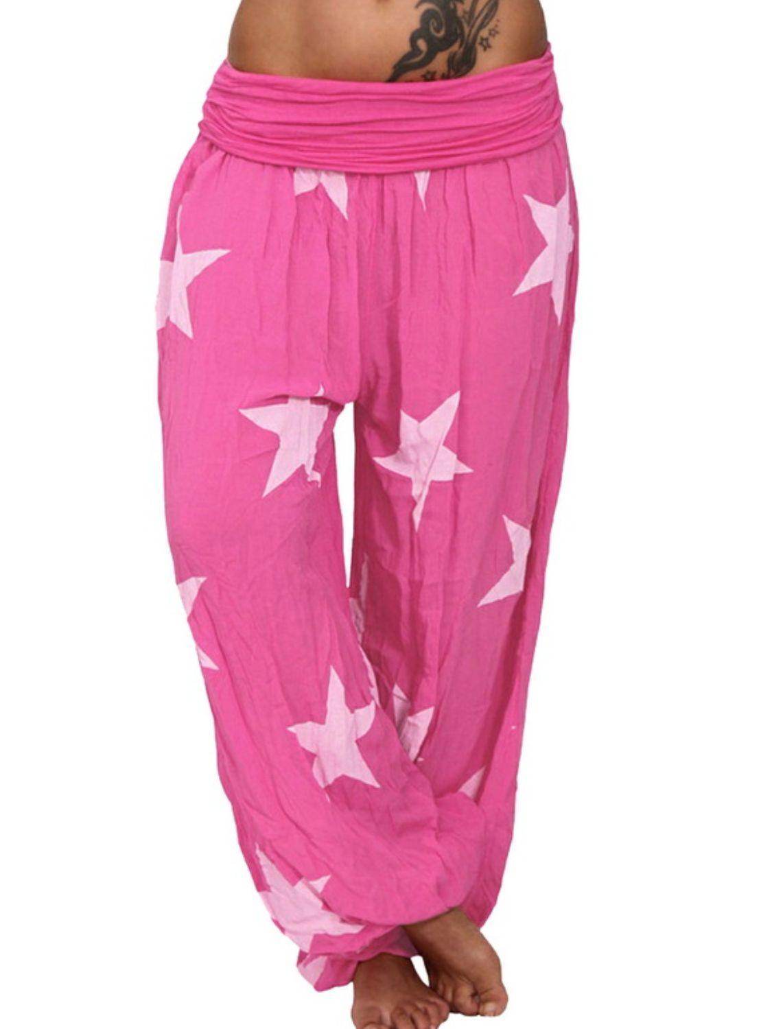 Trendsi Women's Ruched Full Size Pants in Bright Pink with Star Pattern for Comfortable Casual Wear