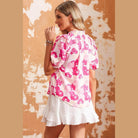 Trendsi Women's Ruffle Shoulder Blouse in Pink Floral Design with Puff Sleeves and Back Ruching