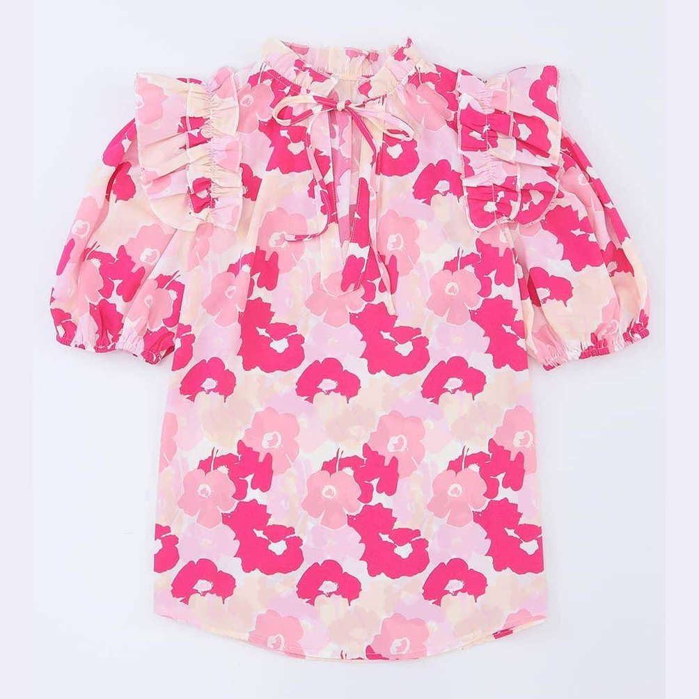 Trendsi ruffle shoulder blouse in pink floral pattern with tie-neck and puff sleeves
