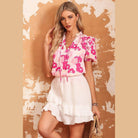 Trendsi Ruffle Shoulder Blouse in Pink Floral Print for Women's Stylish Outfits