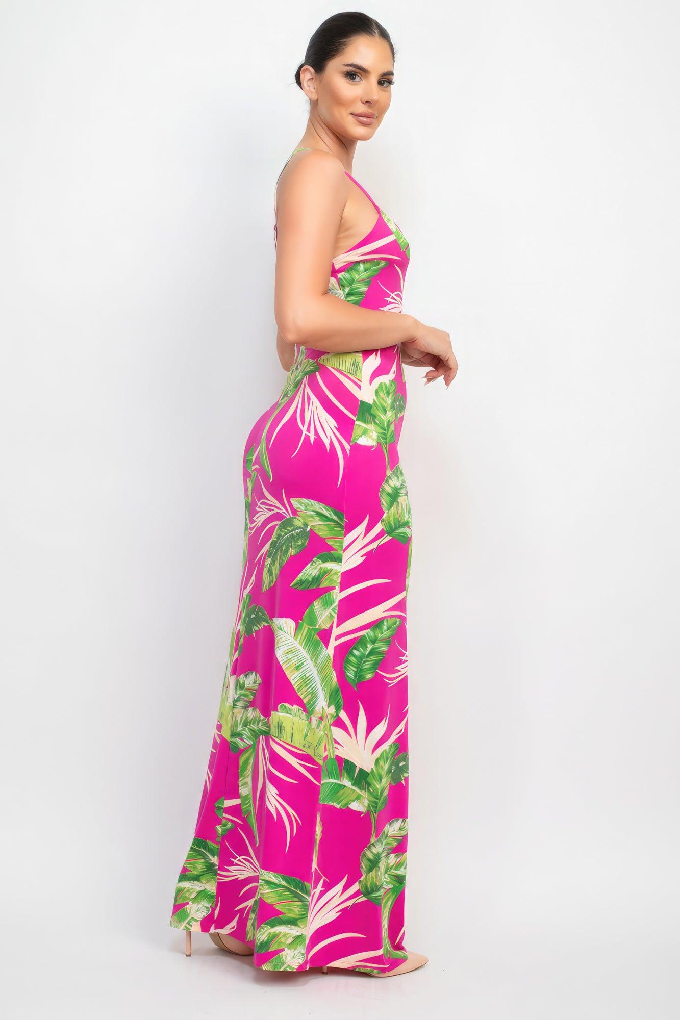 Women's Dresses Scoop Tropical Print Maxi Dress - Fuchsia