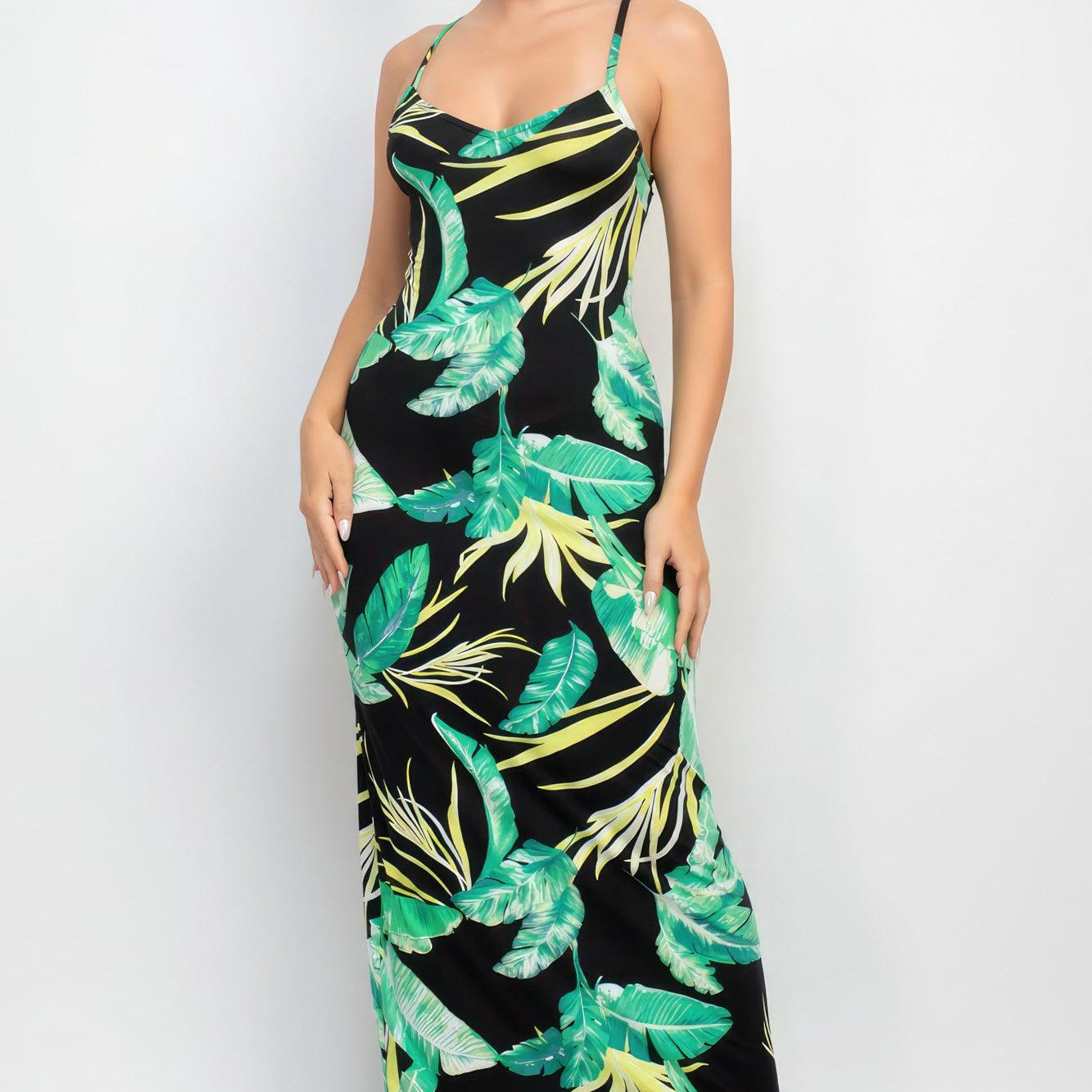 Women's Dresses Scoop Tropical Print Maxi Dress - Green/Black