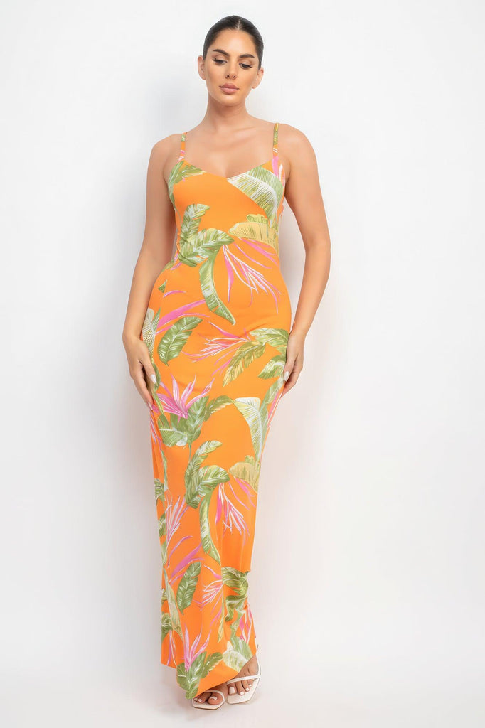Women's Dresses Scoop Tropical Print Maxi Dress - Orange
