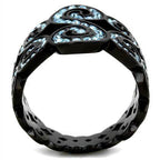 Elegant sea blue crystal ring with intricate black design, perfect for stylish women.