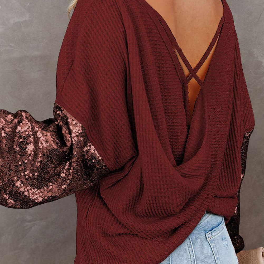 Women's Shirts Sequin Waffle-Knit Blouse