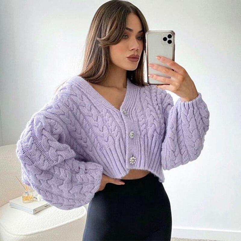Women's Sweaters Sequined Button Knitted Purple Cardigan Sweater
