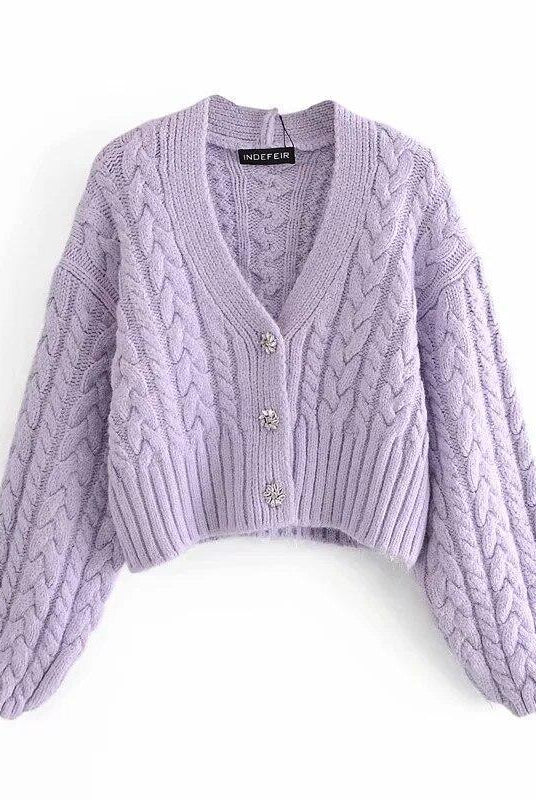 Women's Sweaters Sequined Button Knitted Purple Cardigan Sweater