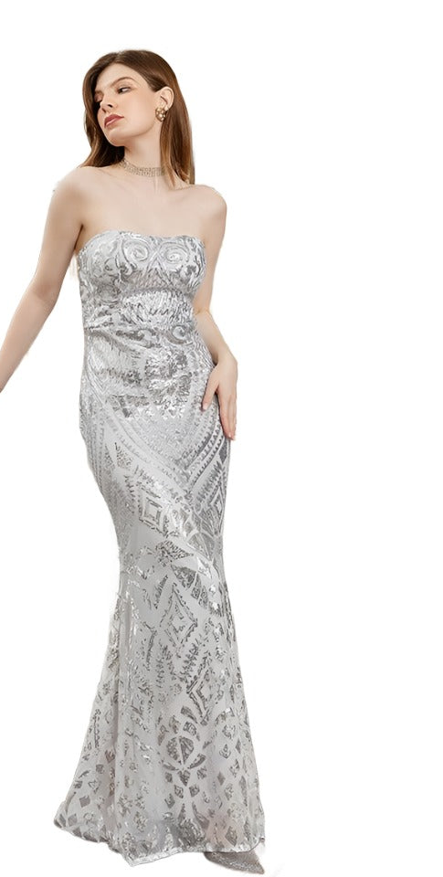 Women's Special Occasion Wear Sexy Silver Sliver Sequin Glitter Bling Full Length Dress