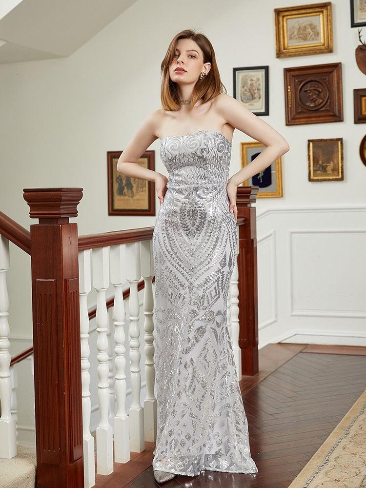 Women's Special Occasion Wear Sexy Silver Sliver Sequin Glitter Bling Full Length Dress