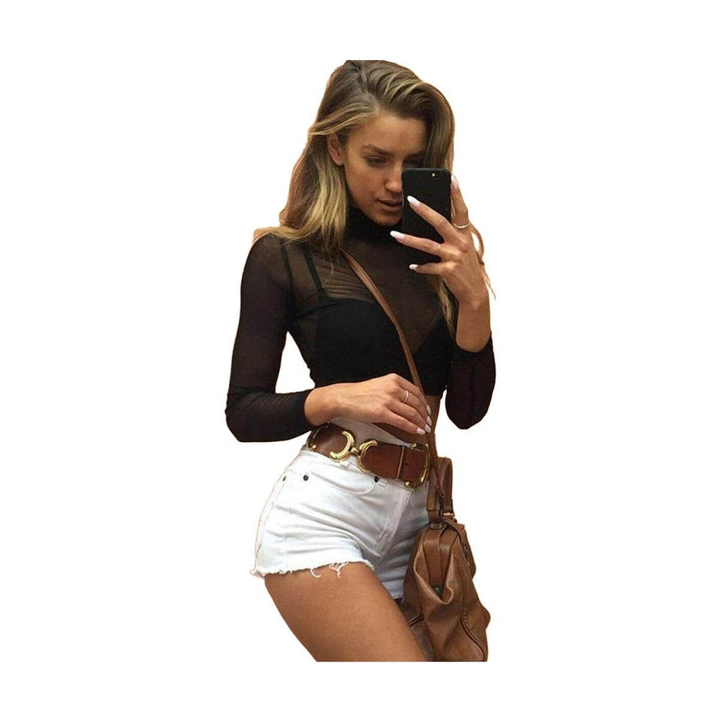 Trendy sheer crop top for women with long sleeves, styled with high-waisted shorts and a handbag