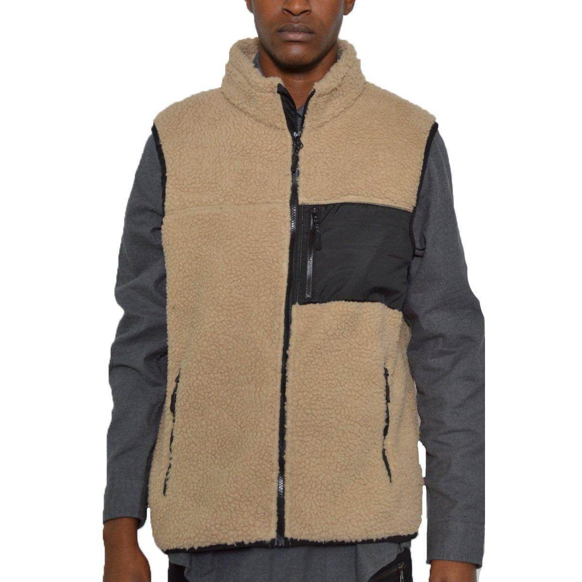 Men's VacationGrabs sherpa fleece outerwear vest in tan with black accents and zippered pockets