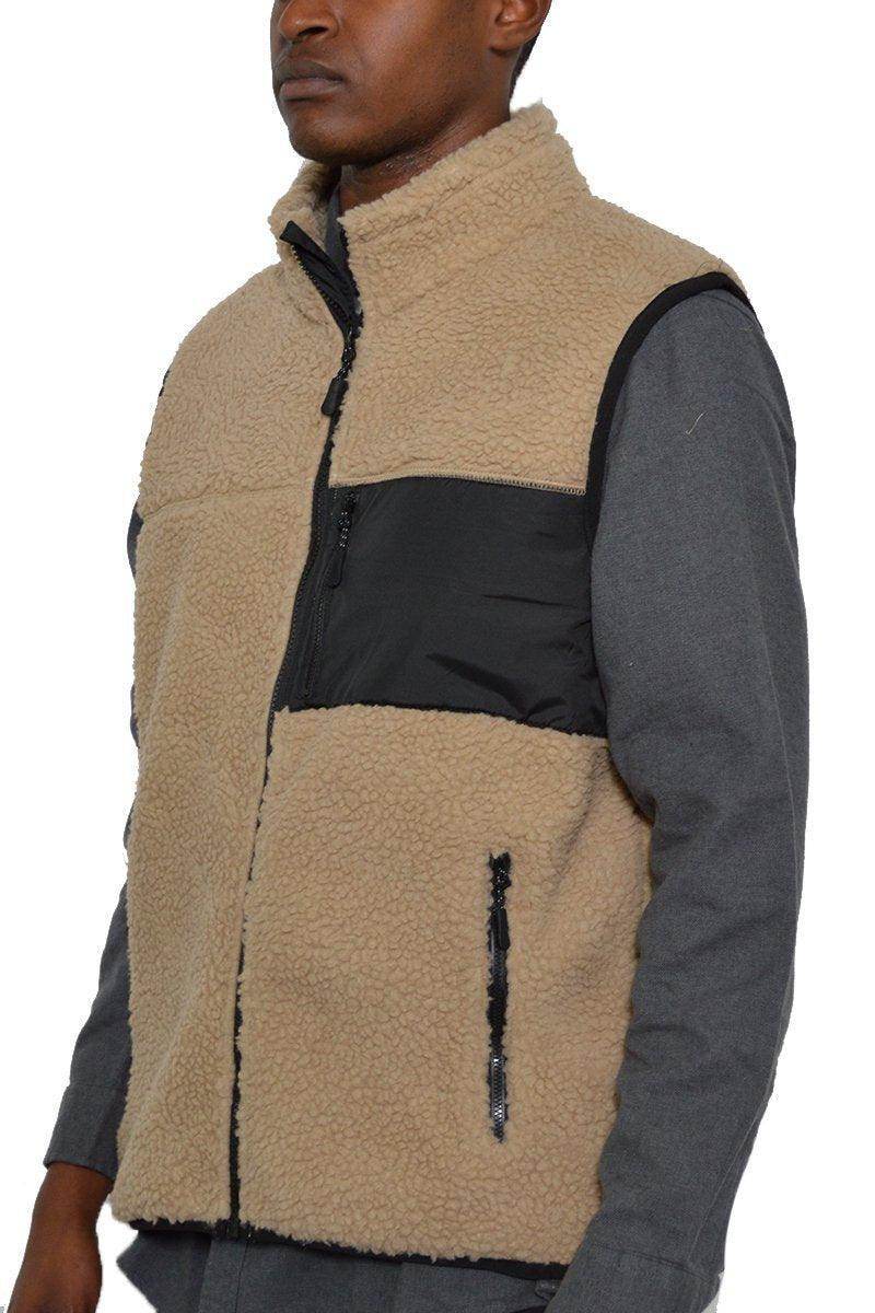 VacationGrabs Men's Sherpa Fleece Outerwear Jacket in Tan with Black Details and Zip Pockets