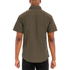 Men's short sleeve button down shirt in olive green with back yoke detail from VacationGrabs
