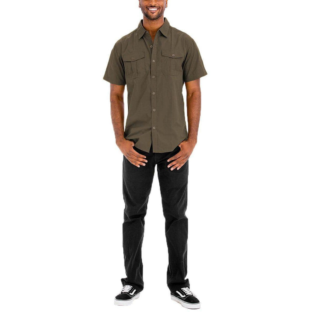 Men's short sleeve button down shirt in olive green with two front pockets for casual wear