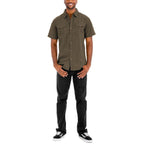 Men's short sleeve button down shirt in olive green with two front pockets for casual wear