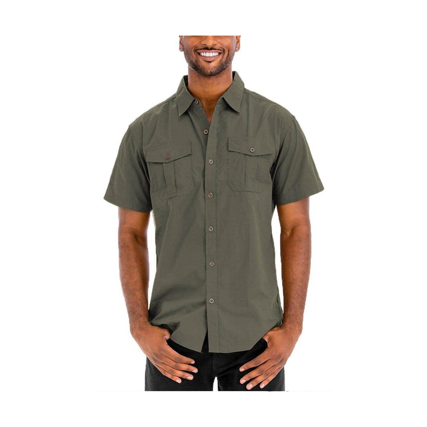 VacationGrabs Men's Short Sleeve Button Down Shirt in Olive Green with Two Front Pockets