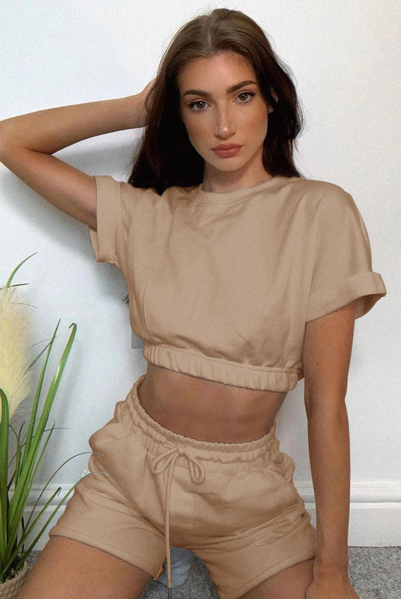 Women's Sleepwear/Loungewear Short Sleeve Cropped Top And Drawstring Shorts Lounge Set
