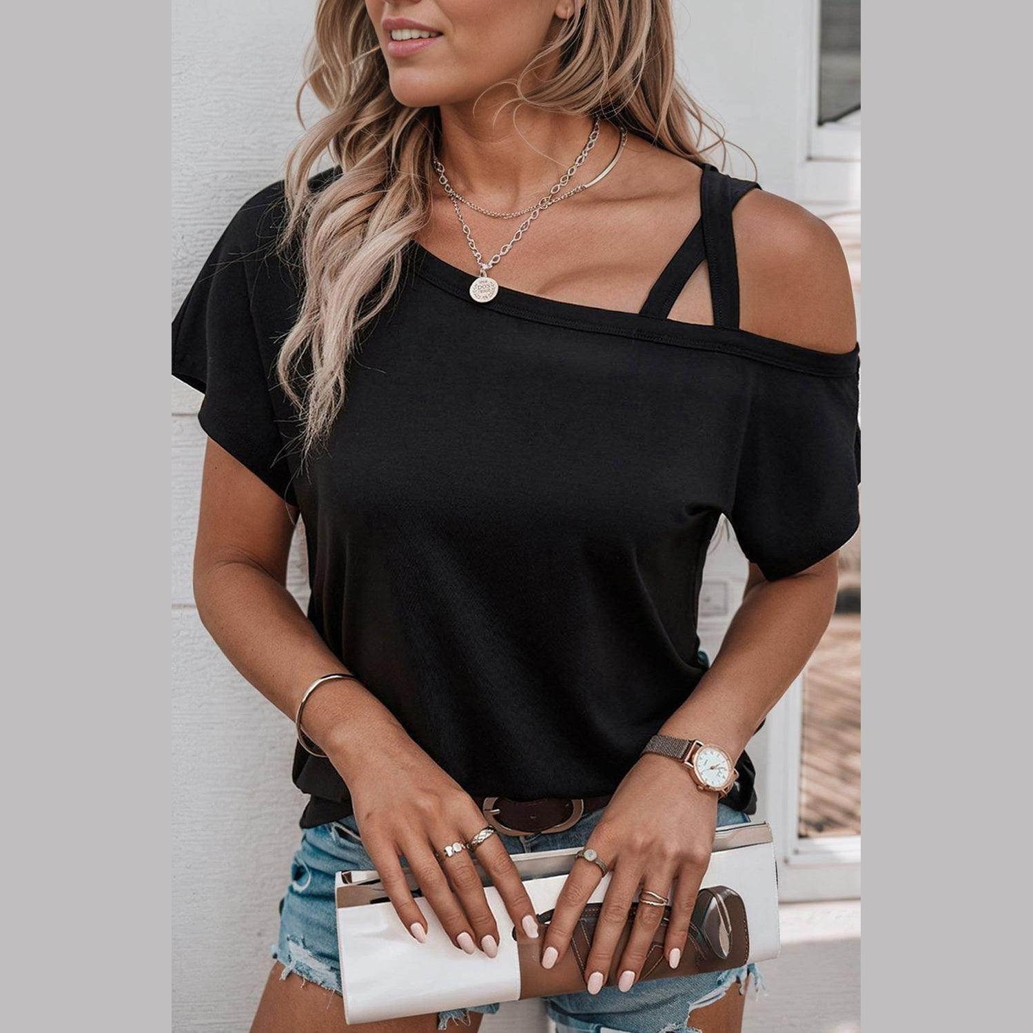 Trendsi black short sleeve summer top with an off-shoulder design, perfect for casual outings