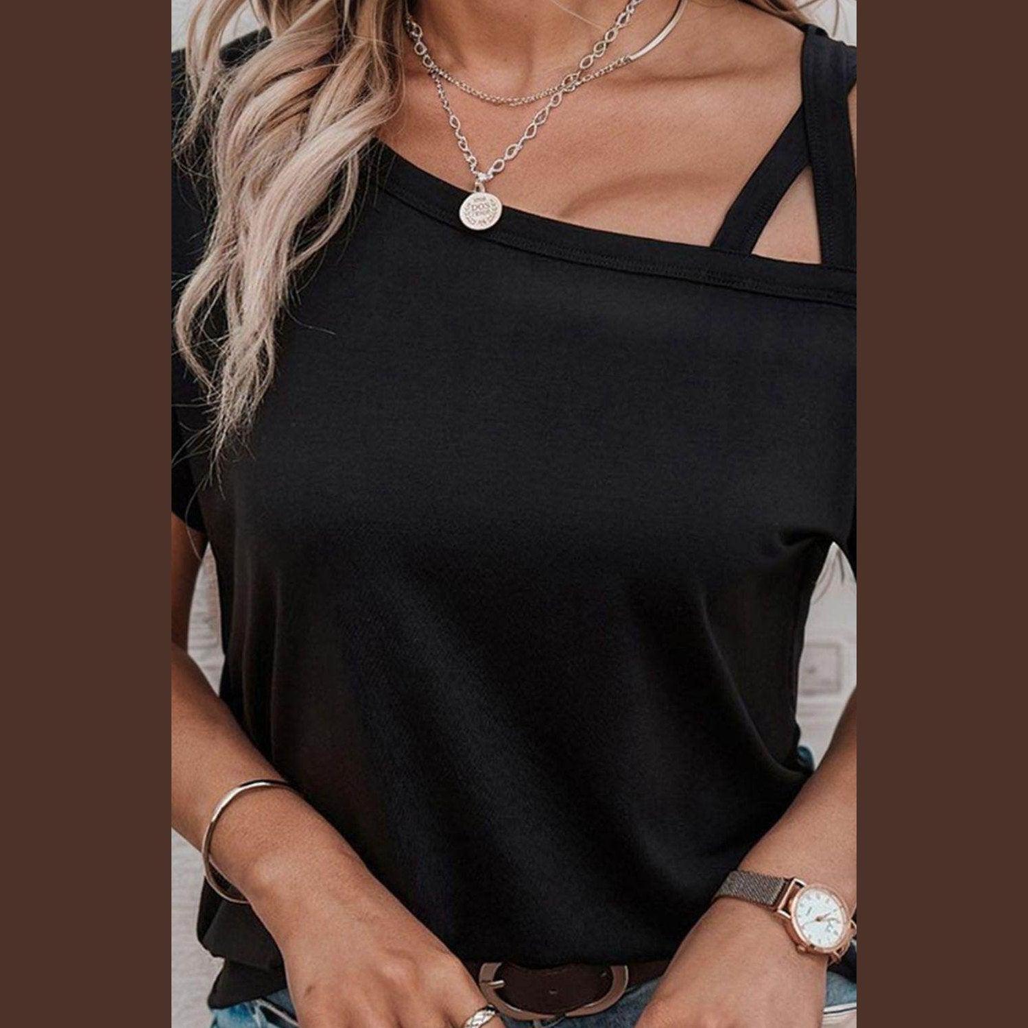 Trendsi women's black short sleeve summer top with stylish cut-out detail for a chic look