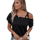 Trendsi women's short sleeve summer top in black featuring an off-shoulder design