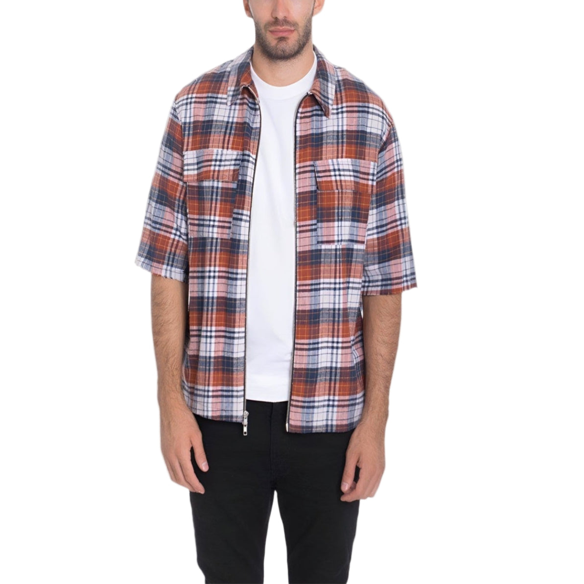 VacationGrabs short sleeve zip flannel shirt in plaid design, perfect for casual outings