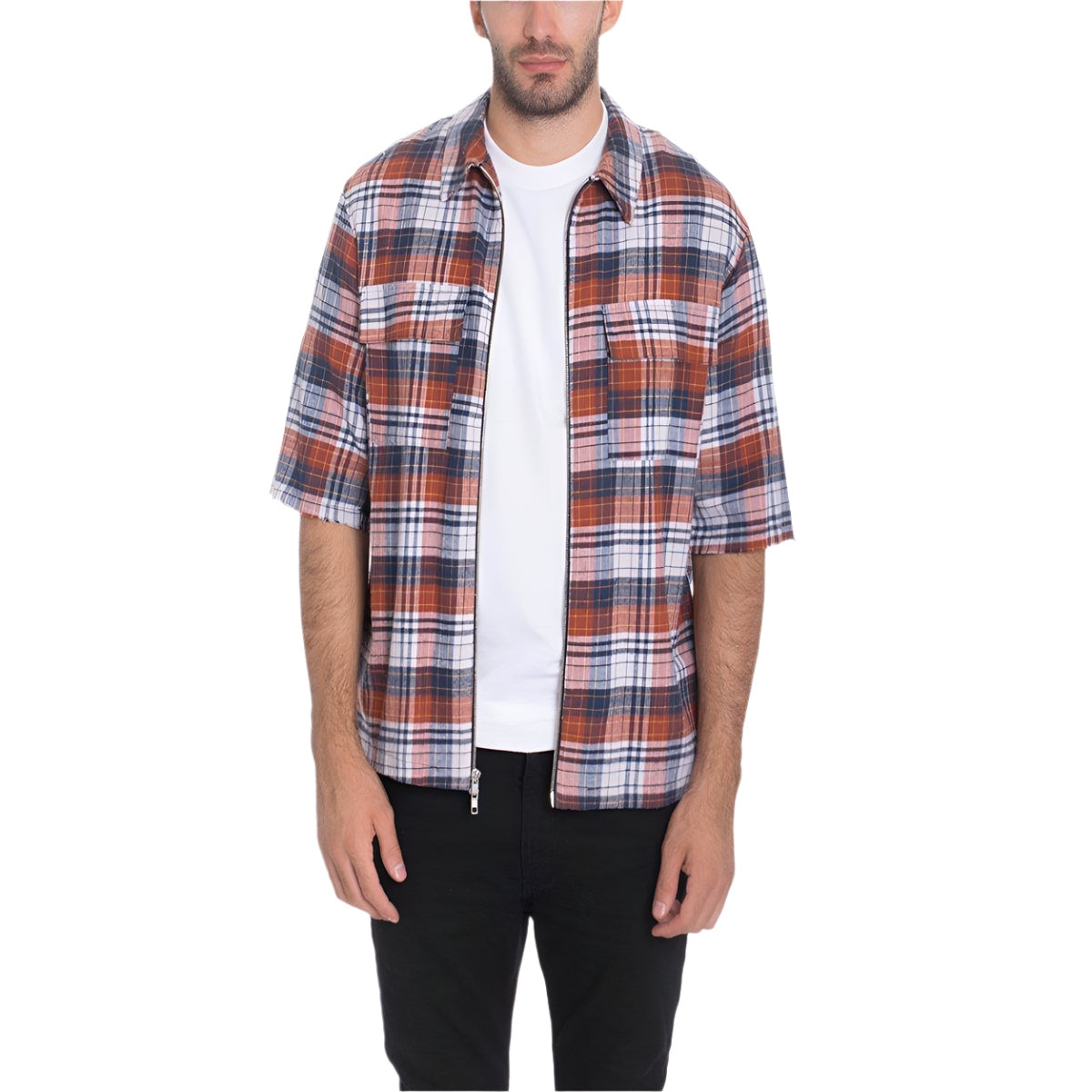 VacationGrabs short sleeve zip flannel shirt in plaid design, perfect for casual outings