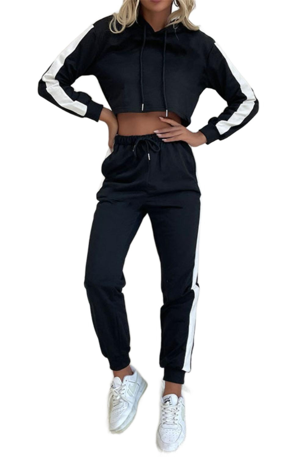 Side Stripe Cropped Hoodie and Jogger Set VacationGrabs