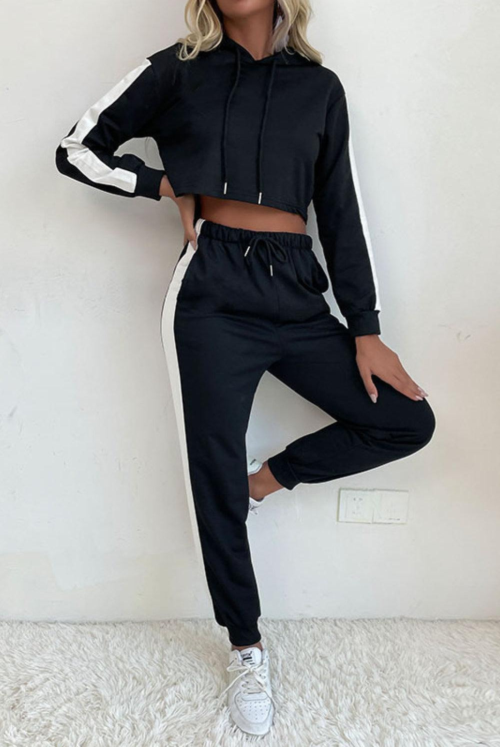 Women's Activewear Side Stripe Cropped Hoodie And Jogger Set