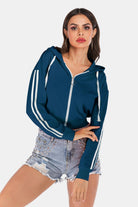 Women's Shirts Side Stripe Drawstring Cropped Hooded Jacket