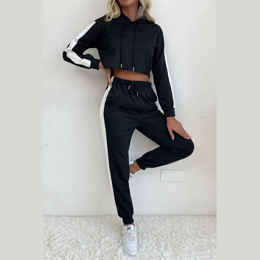 Trendsi Women's Side Stripe Hoodie Jogger Set in Black with Stylish Cropped Design