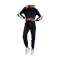 Women's side stripe hoodie jogger set in black with white accents for stylish activewear