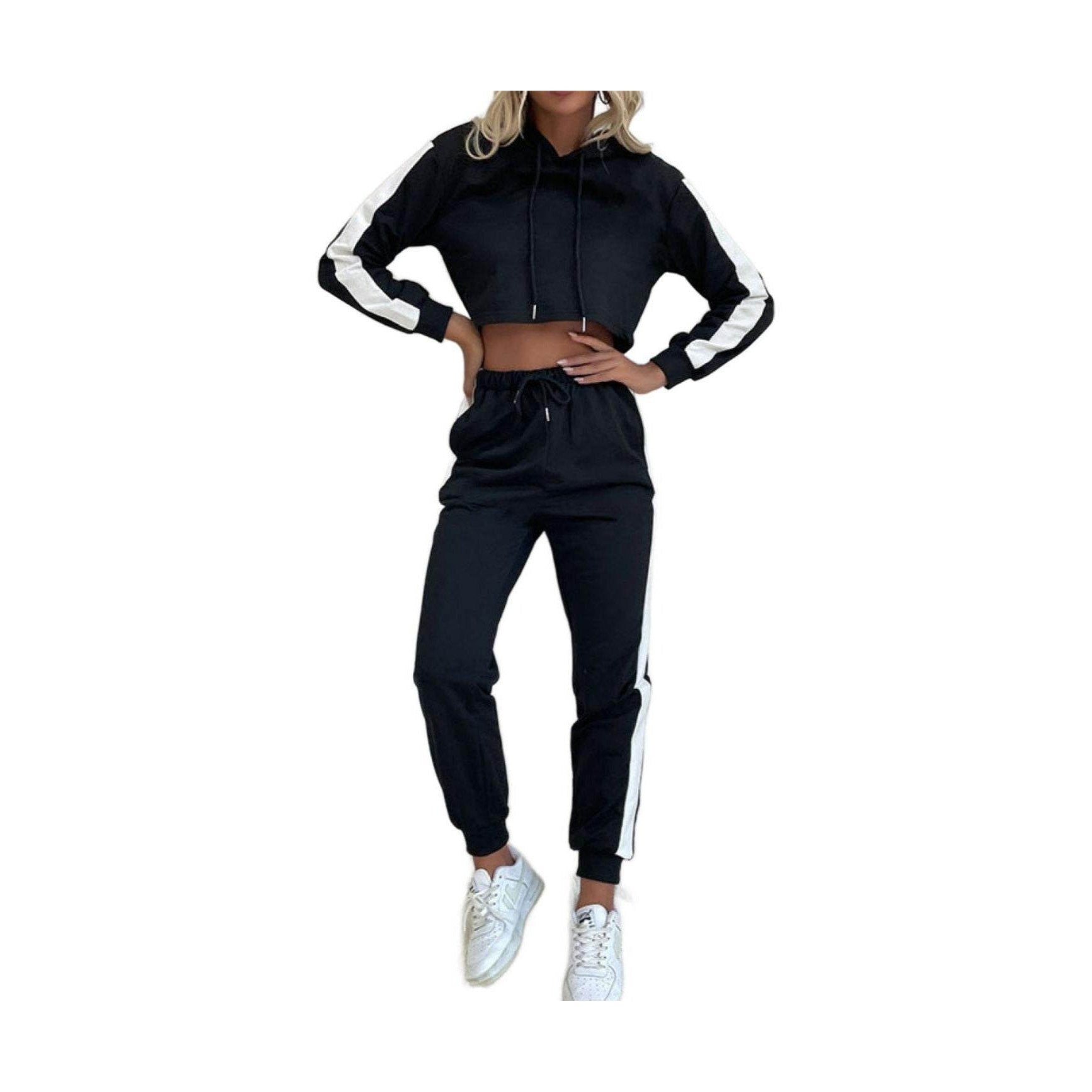 Women's side stripe hoodie jogger set in black with white accents for stylish activewear