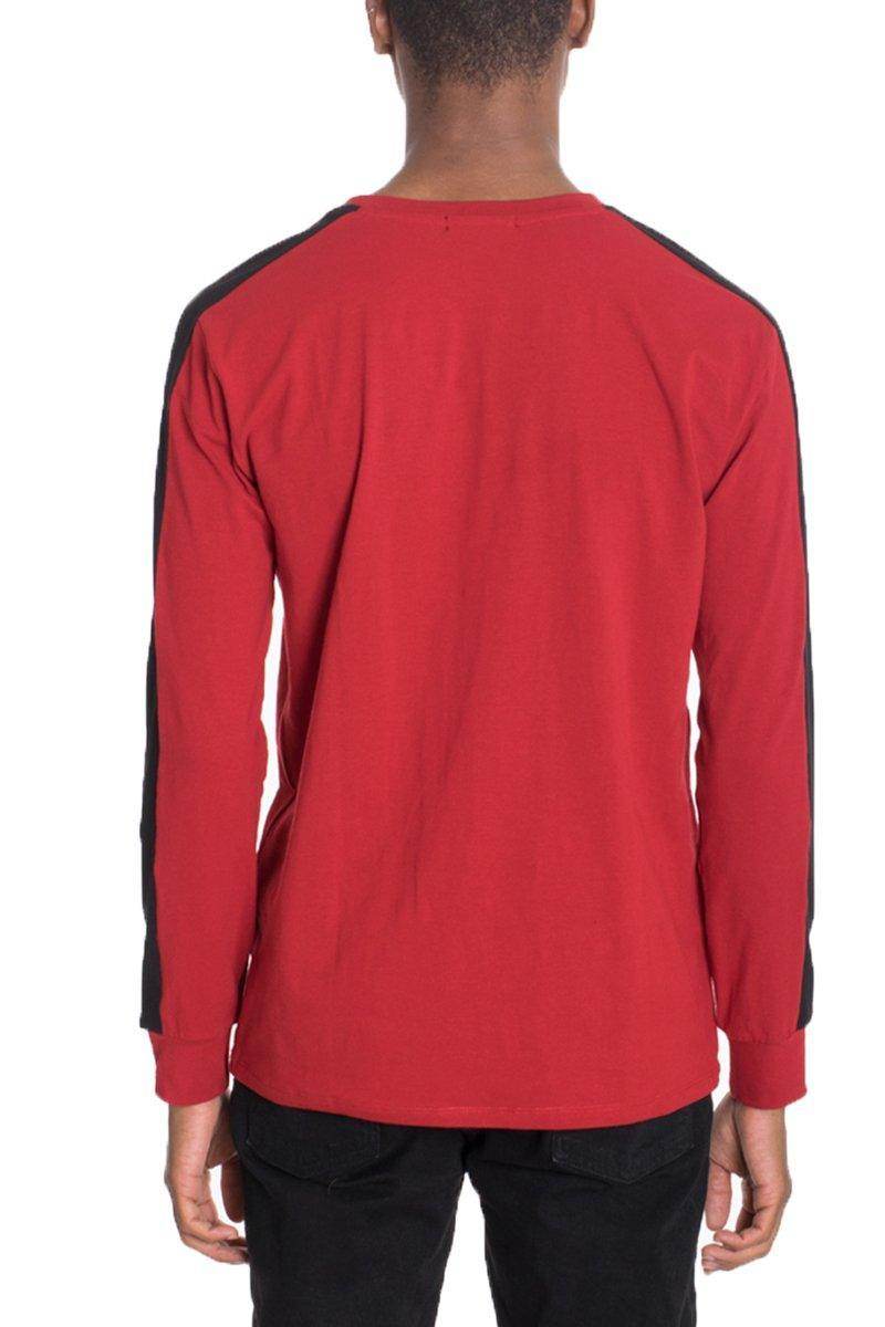 Red side stripe pullover men shirt with long sleeves and contrast black stripes on shoulders