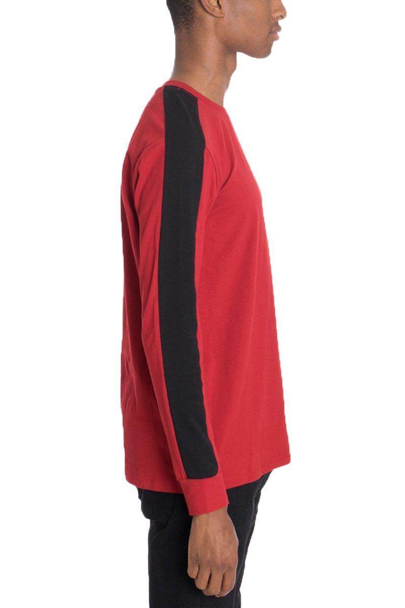 Red side stripe pullover men shirt featuring black side stripes for a modern look