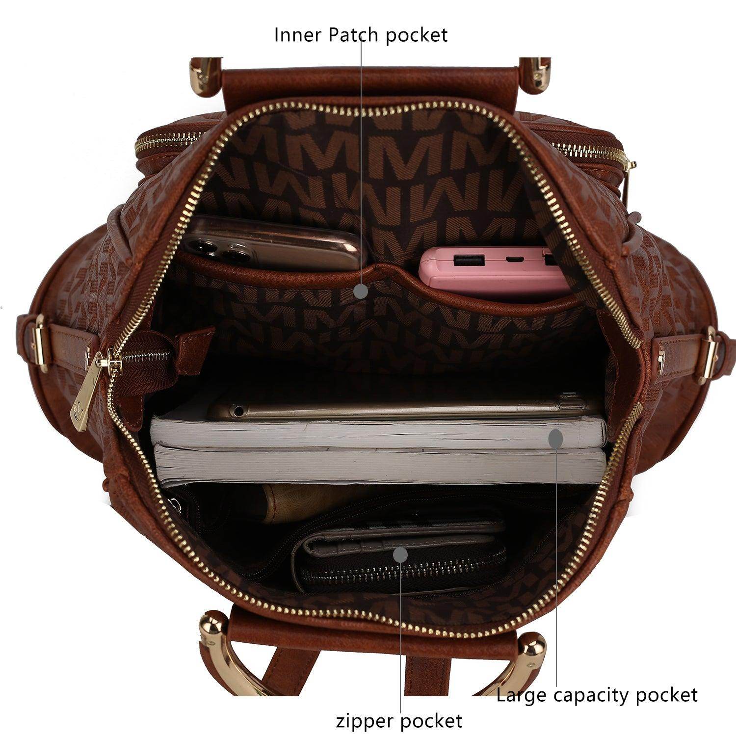 Interior view of Pink Orpheus signature backpack for travel with multiple pockets for organization