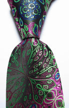 Stylish silk paisley necktie with vibrant colors in green, purple, and blue patterns for elegant men