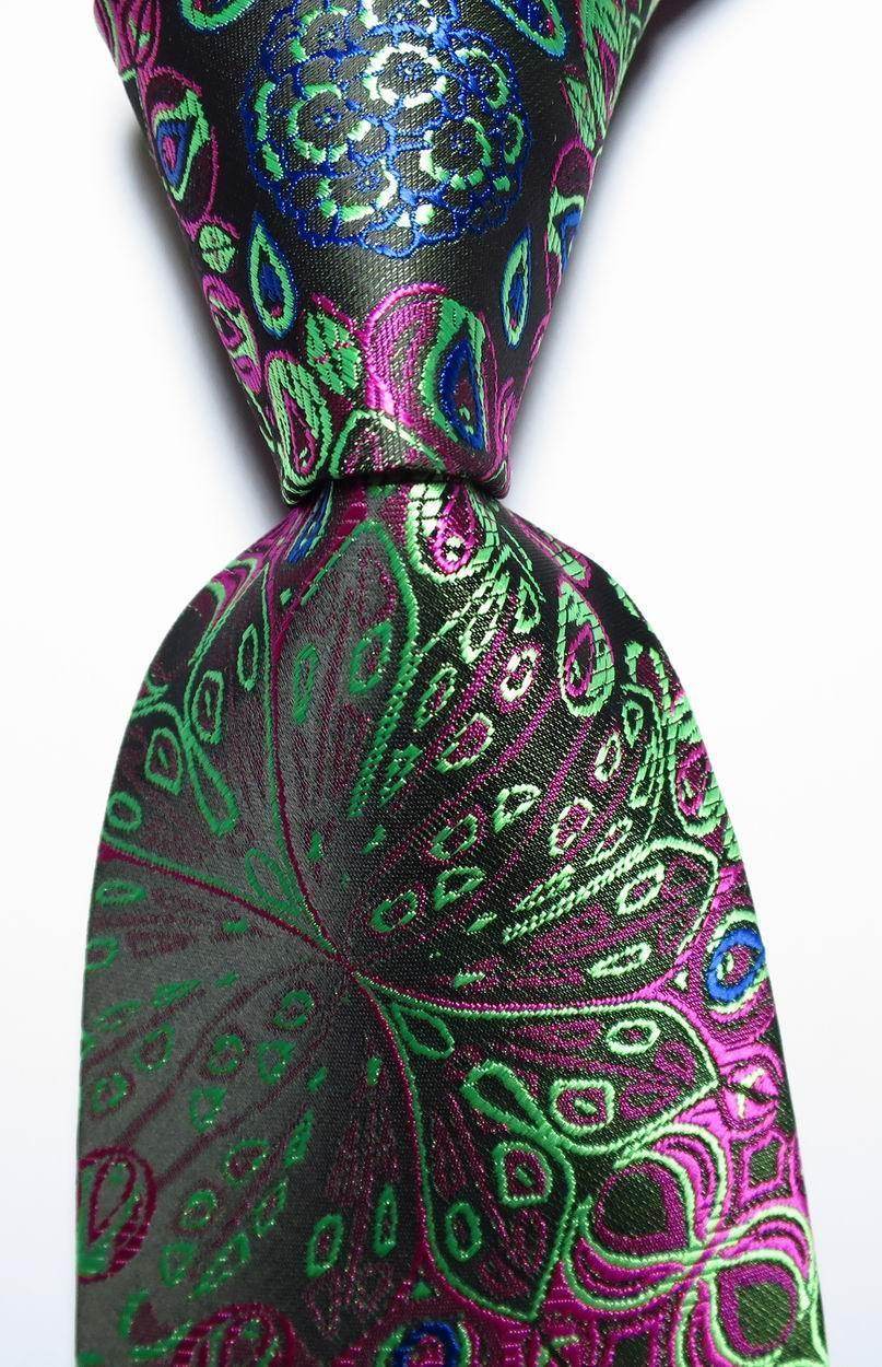 Stylish silk paisley necktie with vibrant colors in green, purple, and blue patterns for elegant men