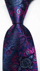 Silk paisley necktie in navy blue with vibrant pink and silver floral patterns