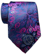 Elegant silk paisley necktie with vibrant blue and pink patterns, perfect for formal occasions