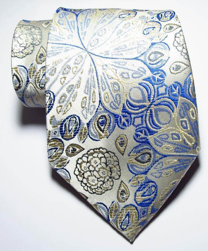 VacationGrabs silk paisley necktie featuring a blue and beige floral design for stylish men's accessories