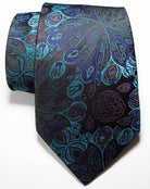 Elegant silk paisley necktie in teal and black featuring intricate floral designs for formal occasions