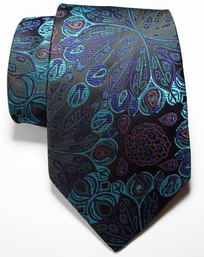 Elegant silk paisley necktie in teal and black featuring intricate floral designs for formal occasions