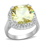 Silver cushion cut engagement ring featuring a stunning yellow gemstone surrounded by sparkling crystals