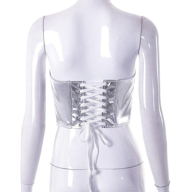 Women's Clubwear Silver Metallic Strapless Corset Top Women Sexy Pu Leather...