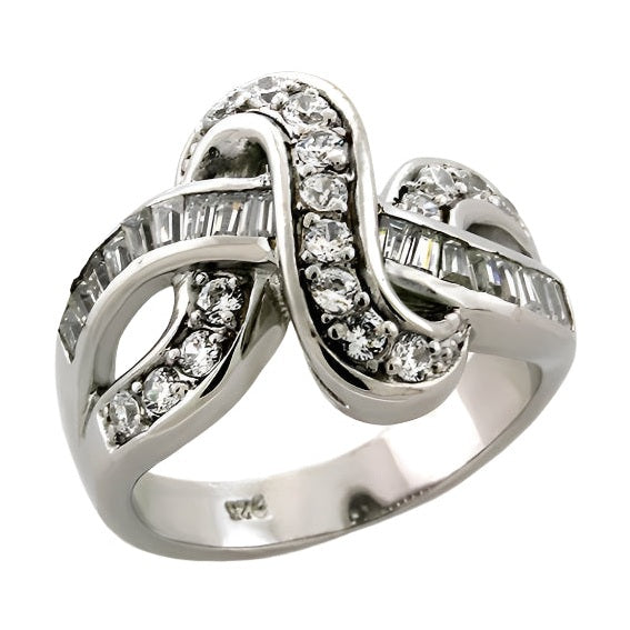 Elegant silver ring for women with crystals featuring a twisting design and sparkling accents