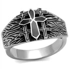Men's silver stainless steel ring with an embossed cross and textured design for a stylish look