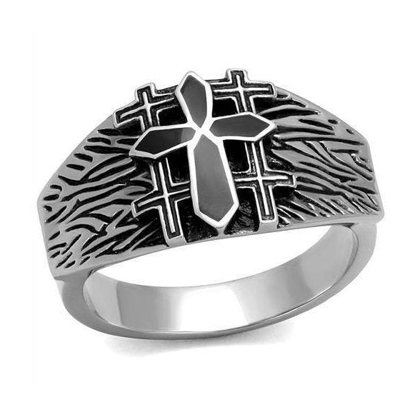 Men's silver stainless steel ring with an embossed cross and textured design for a stylish look