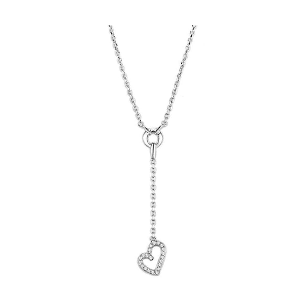 Elegant silver tone brass necklace for women featuring a heart pendant with sparkling accents