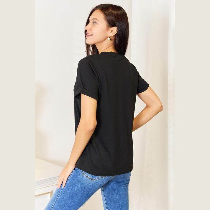 Trendsi Women's Simply Love tee in black with a relaxed fit and rolled sleeves
