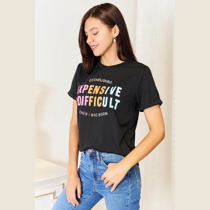 Trendsi Simply Love tee in black with colorful text design for a trendy casual look